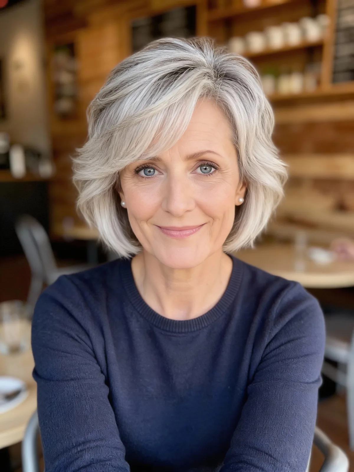 Wavy Silver Ash Layered Bob with Pearly Highlights